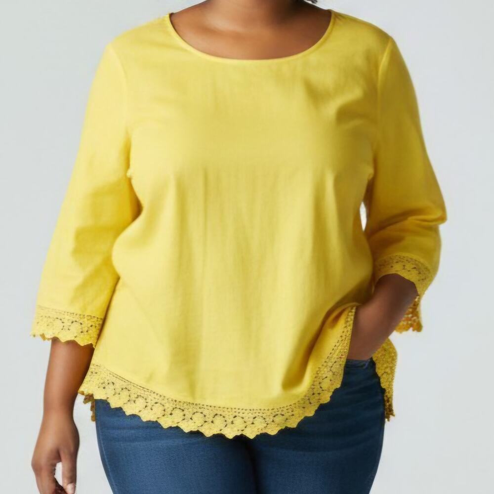 Soft Surroundings Rialto Gauze Crochet Lace Top Yellow 3/4 Sleeves Plus Size 2X
